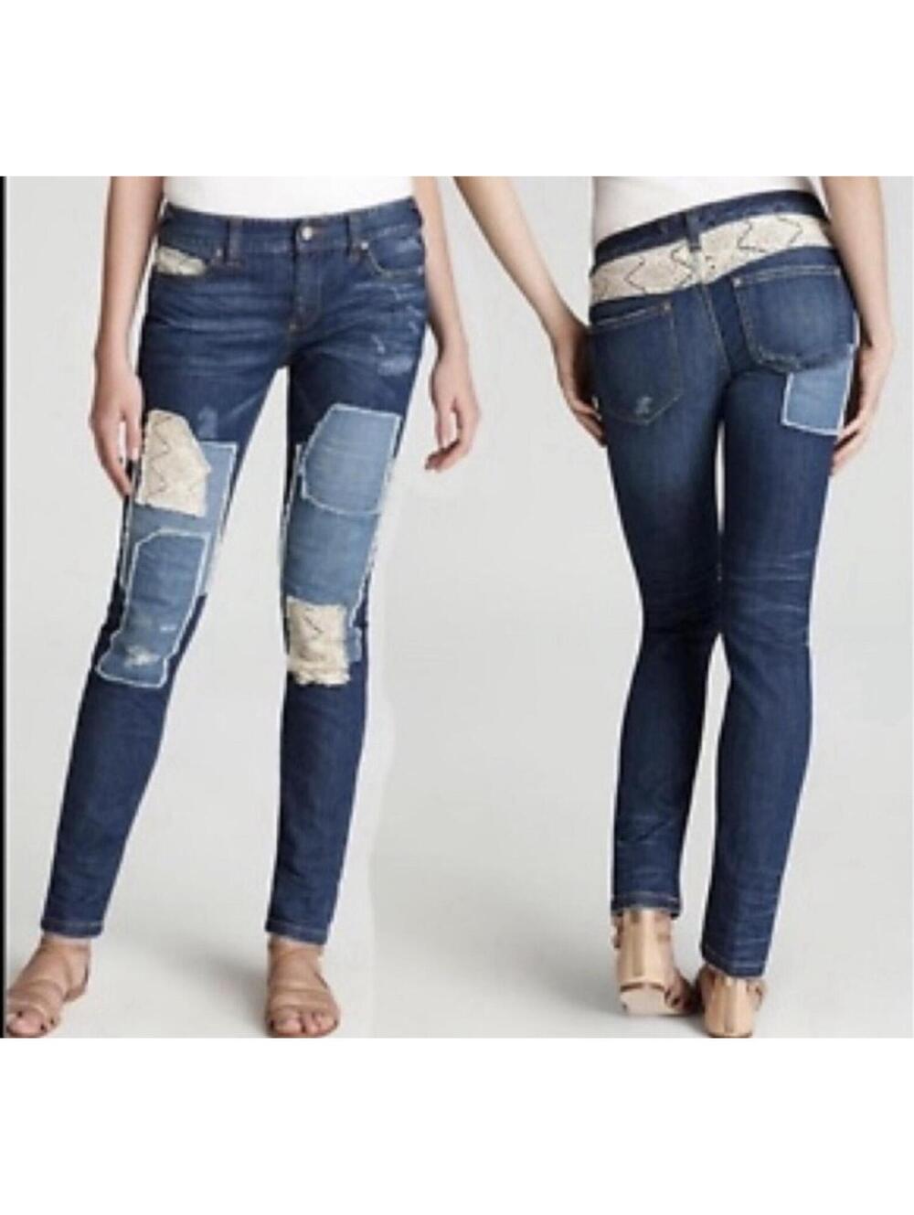 Free People Patchwork Crochet Lace Distressed Skinny Jeans Womens Size 27